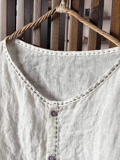Women Summer Casual Pure Color O-Neck Linen Shirt