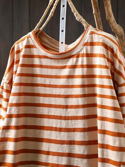 Plus Size Women Summer Casual Colorblock Stripe O-Neck Cotton Shirt