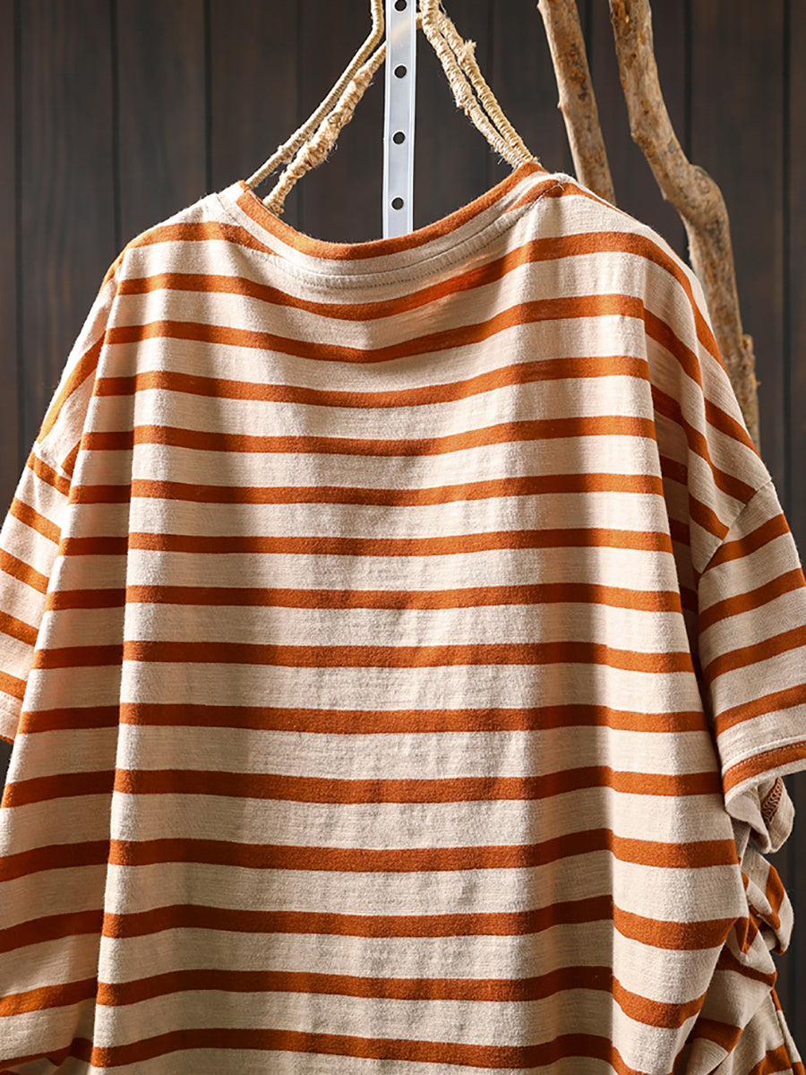 Plus Size Women Summer Casual Colorblock Stripe O-Neck Cotton Shirt
