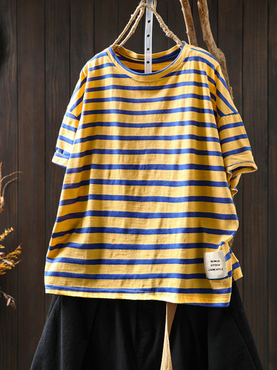 Plus Size Women Summer Casual Colorblock Stripe O-Neck Cotton Shirt