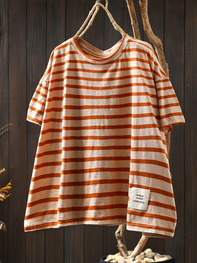 Plus Size Women Summer Casual Colorblock Stripe O-Neck Cotton Shirt