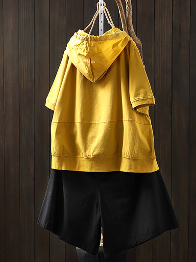 Women Summer Casual Pure Color O-Neck Cotton Hooded Shirt