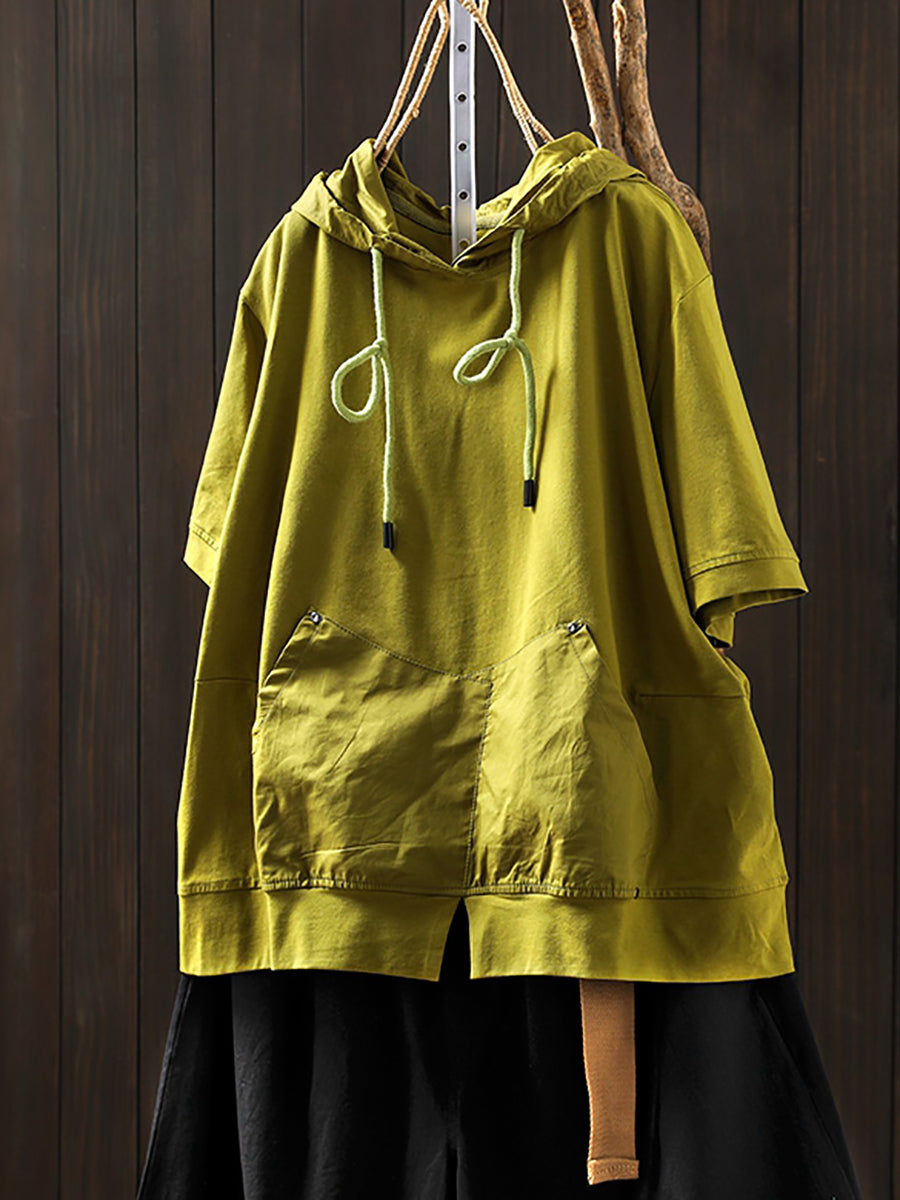 Women Summer Casual Pure Color O-Neck Cotton Hooded Shirt