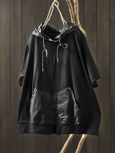 Women Summer Casual Pure Color O-Neck Cotton Hooded Shirt