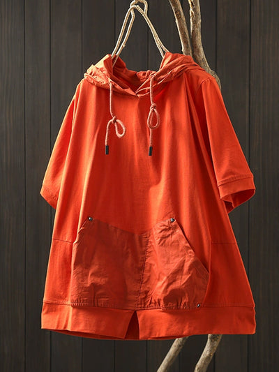 Women Summer Casual Pure Color O-Neck Cotton Hooded Shirt