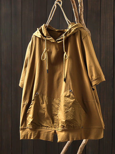 Women Summer Casual Pure Color O-Neck Cotton Hooded Shirt