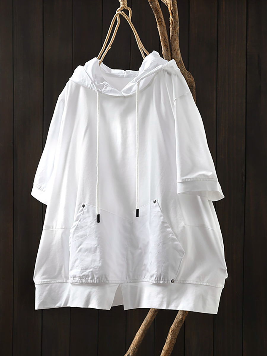 Women Summer Casual Pure Color O-Neck Cotton Hooded Shirt