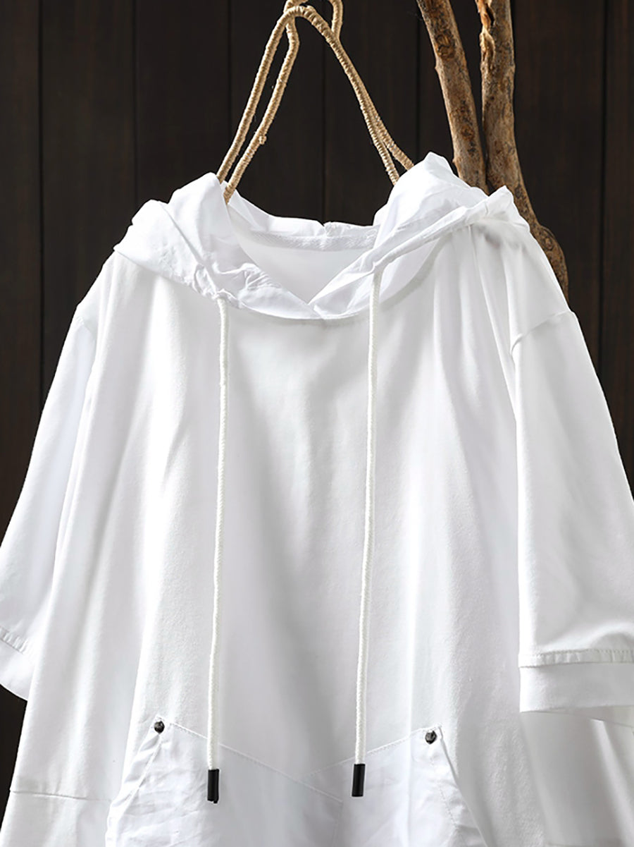 Women Summer Casual Pure Color O-Neck Cotton Hooded Shirt