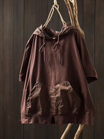 Women Summer Casual Pure Color O-Neck Cotton Hooded Shirt