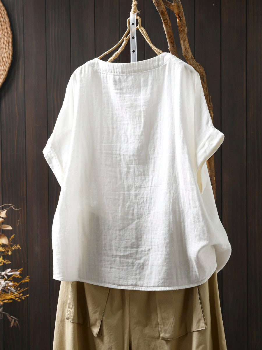 Plus Size Women Summer Casual Print O-Neck Cotton Shirt