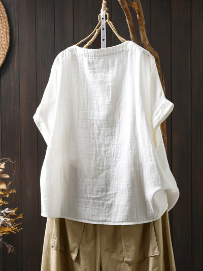 Plus Size Women Summer Casual Print O-Neck Cotton Shirt