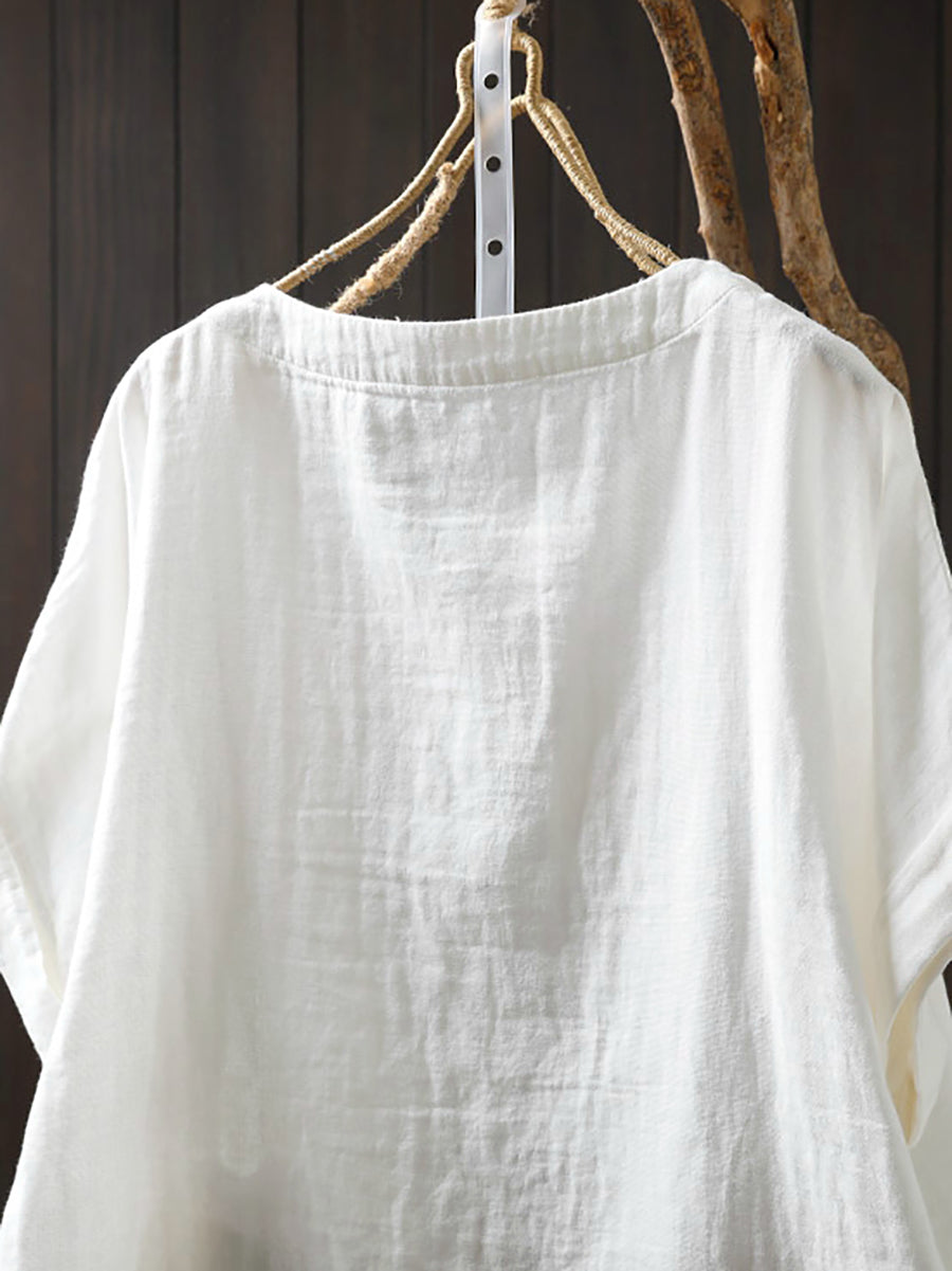 Plus Size Women Summer Casual Print O-Neck Cotton Shirt