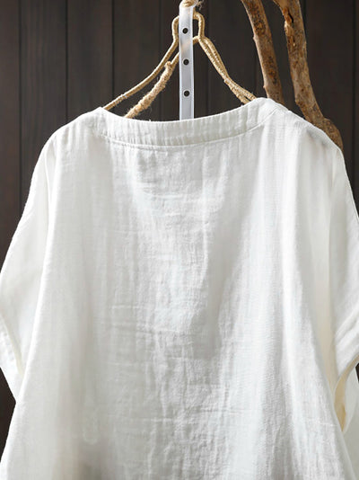 Plus Size Women Summer Casual Print O-Neck Cotton Shirt