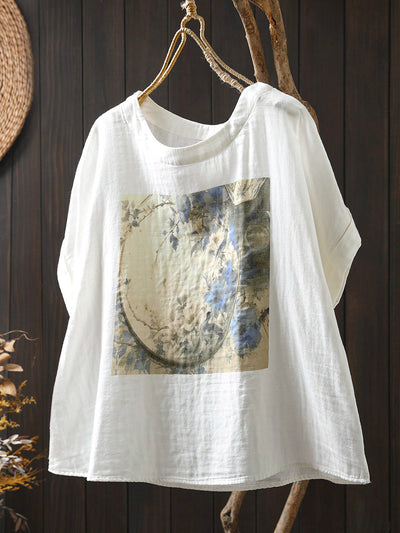 Plus Size Women Summer Casual Print O-Neck Cotton Shirt