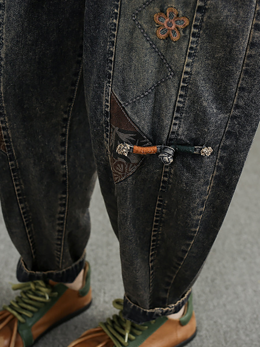 Women Retro Spring Flower Embroidery Denim Harem Pants
