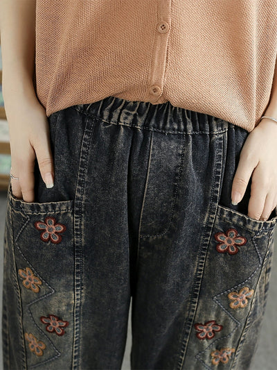 Women Retro Spring Flower Embroidery Denim Harem Pants