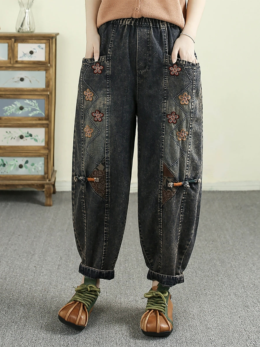 Women Retro Spring Flower Embroidery Denim Harem Pants