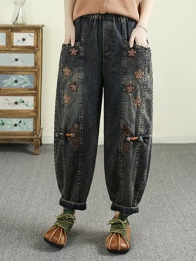 Women Retro Spring Flower Embroidery Denim Harem Pants