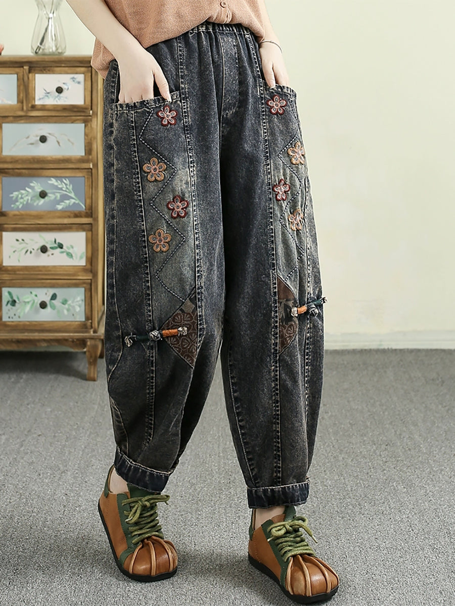 Women Retro Spring Flower Embroidery Denim Harem Pants