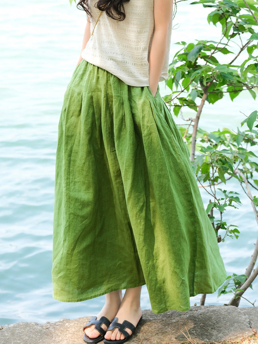 Plus Size Women Summer Casual Pure Color 100%Linen Skirt