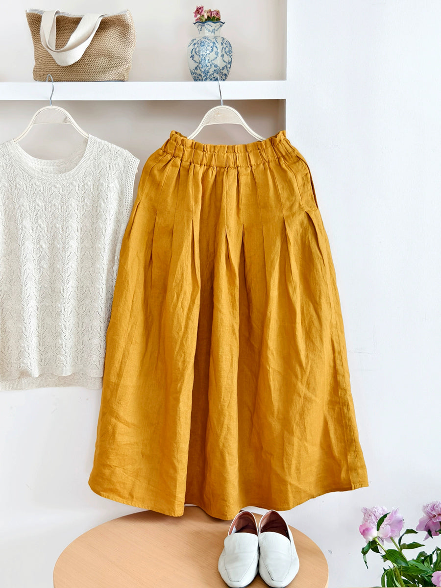 Plus Size Women Summer Casual Pure Color 100%Linen Skirt