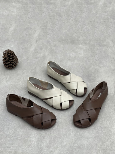 Women Vintage Genuine Leather Spliced Low Heel Shoes