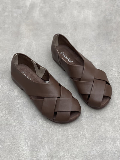 Women Vintage Genuine Leather Spliced Low Heel Shoes