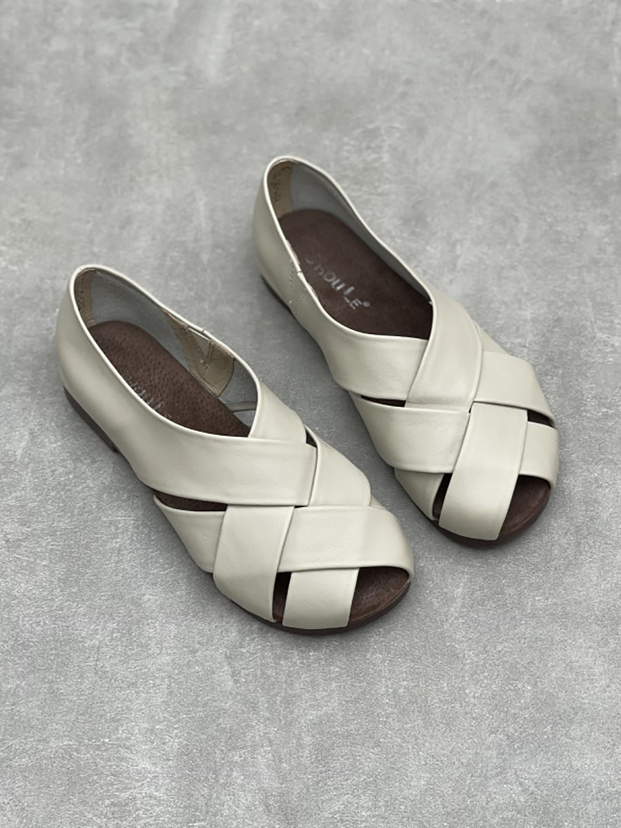 Women Vintage Genuine Leather Spliced Low Heel Shoes