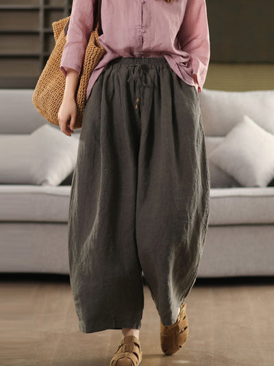 Plus Size Women Summer Casual Pure Color 100%Linen Wide-leg Pants