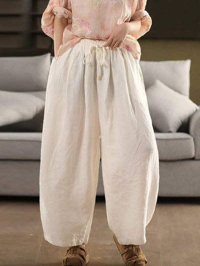 Plus Size Women Summer Casual Pure Color 100%Linen Wide-leg Pants