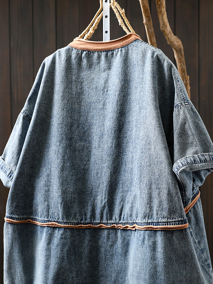 Women Summer Casual Colorblock O-Neck Denim Shirt