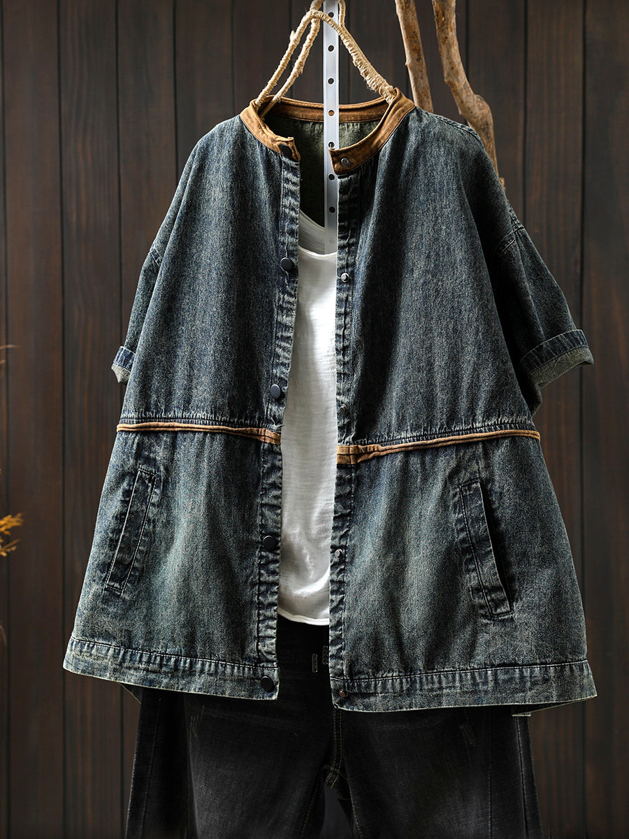 Women Summer Casual Colorblock O-Neck Denim Shirt