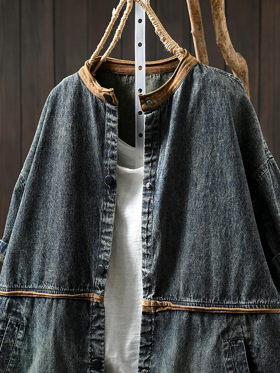 Women Summer Casual Colorblock O-Neck Denim Shirt