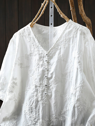 Plus Size Women Artsy Embroidery V-Neck 100%Cotton Shirt