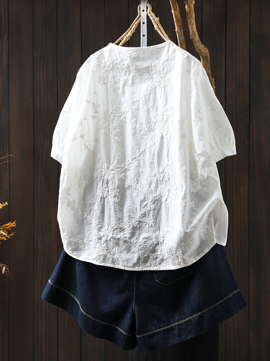 Plus Size Women Artsy Embroidery V-Neck 100%Cotton Shirt