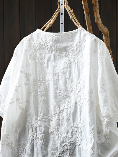 Plus Size Women Artsy Embroidery V-Neck 100%Cotton Shirt