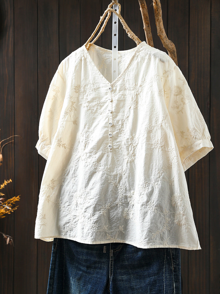 Plus Size Women Artsy Embroidery V-Neck 100%Cotton Shirt