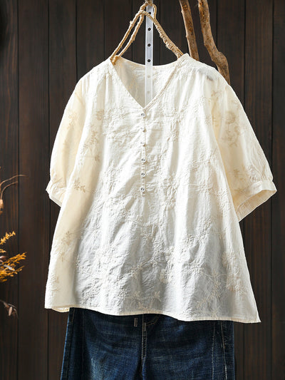 Plus Size Women Artsy Embroidery V-Neck 100%Cotton Shirt