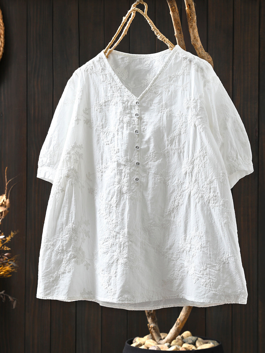 Plus Size Women Artsy Embroidery V-Neck 100%Cotton Shirt