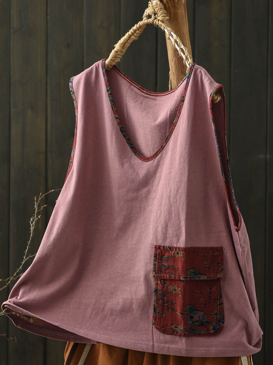 Plus Size Women Summer Vintage Colorblock V-Neck Cotton Vest