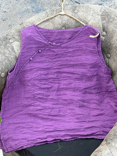 Women Summer Pure Color O-Neck 100%Linen Vest