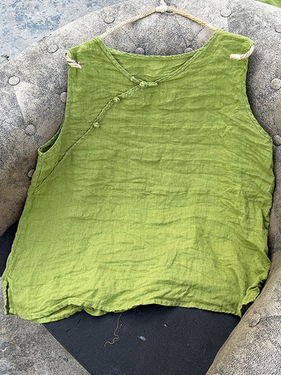 Women Summer Pure Color O-Neck 100%Linen Vest