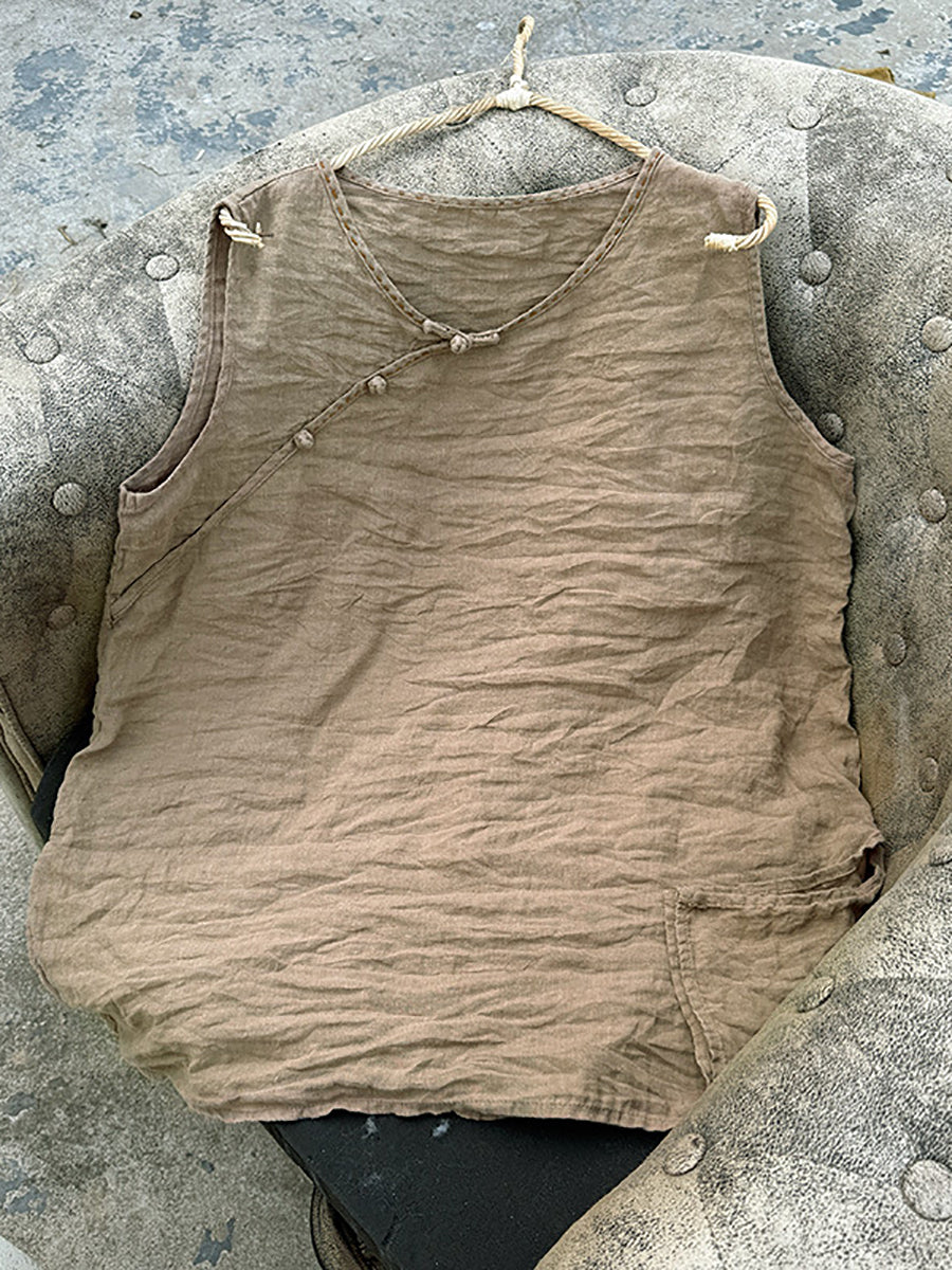 Women Summer Pure Color O-Neck 100%Linen Vest