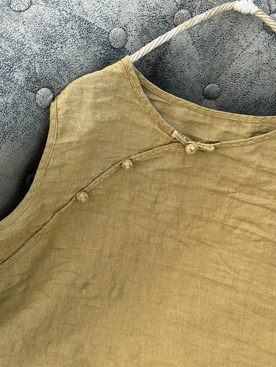 Women Summer Pure Color O-Neck 100%Linen Vest