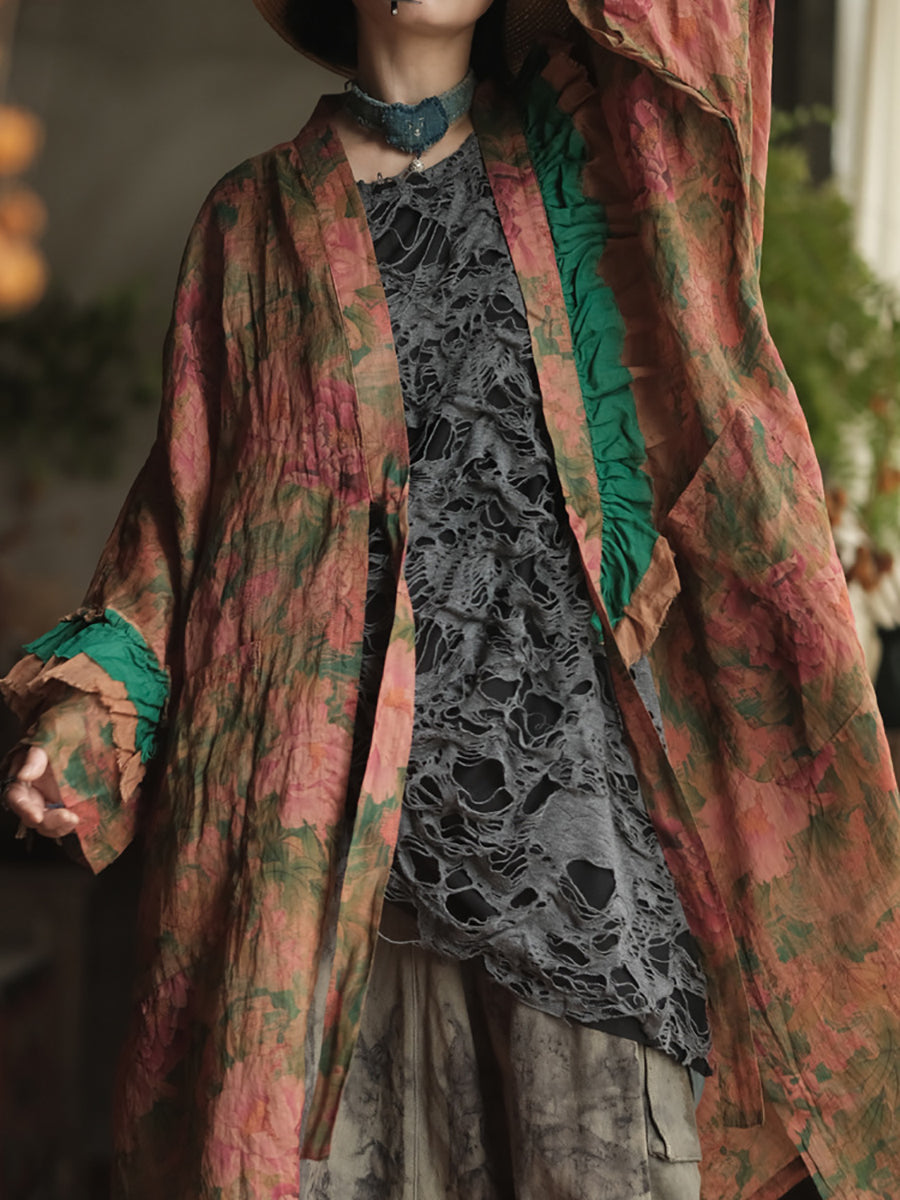 Women Summer Artsy Flower V-Neck Ramie Shirt Coat