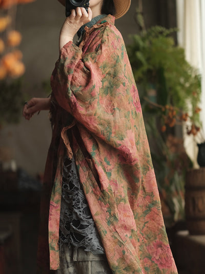 Women Summer Artsy Flower V-Neck Ramie Shirt Coat