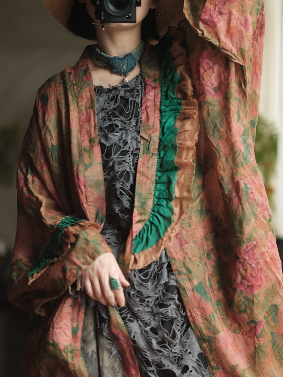 Women Summer Artsy Flower V-Neck Ramie Shirt Coat