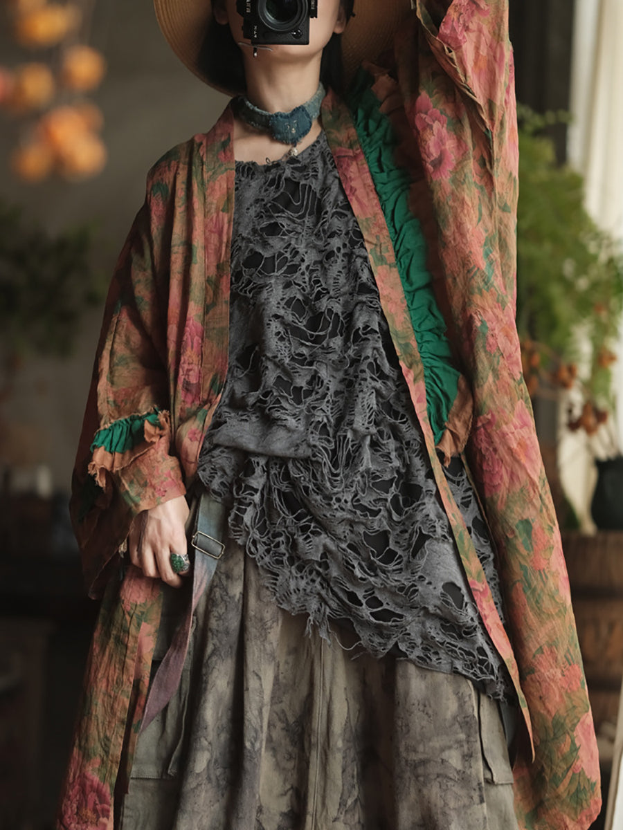 Women Summer Artsy Flower V-Neck Ramie Shirt Coat