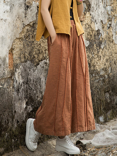 Women Summer Worn Raw-edge Ramie Wide-leg Pants