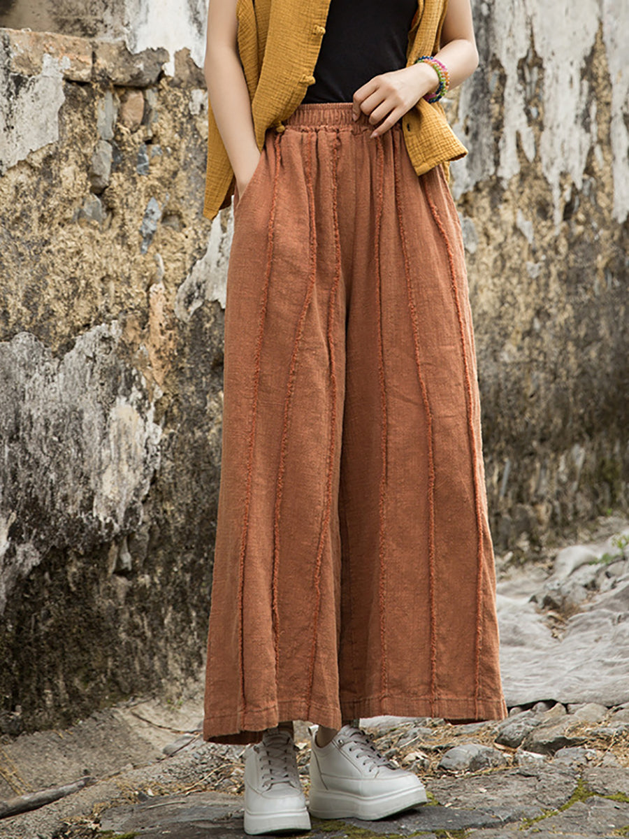 Women Summer Worn Raw-edge Ramie Wide-leg Pants